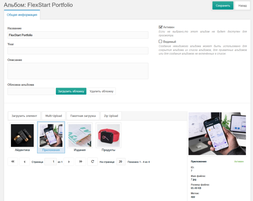 скриншот изображения из альбома FlexStart Portfolio с заполненными названием, описанием и одной меткой app