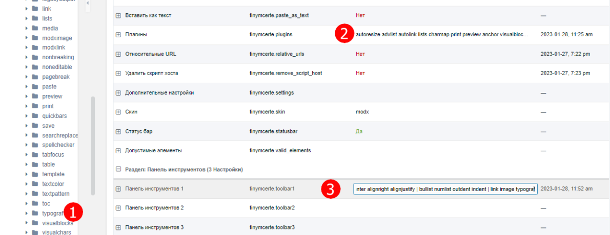 MODX TinyMCE RTE настройка визуального (текстового) редактора