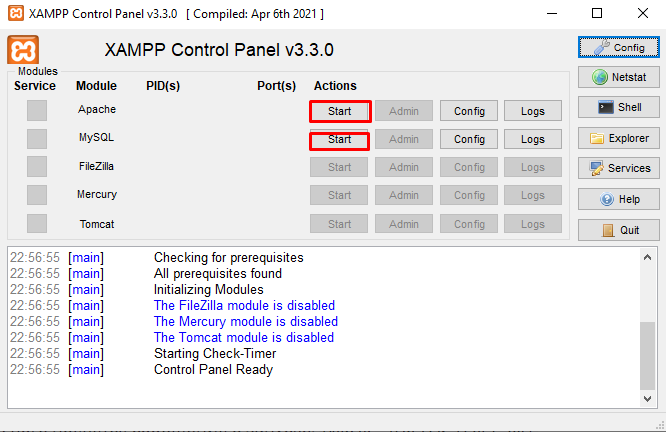 Запуск Apache и MySQL