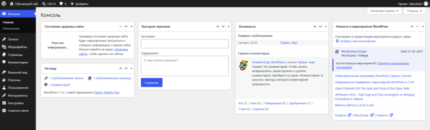 Административная панель WordPress с разделами записи, страницы, внешний вид и плагины