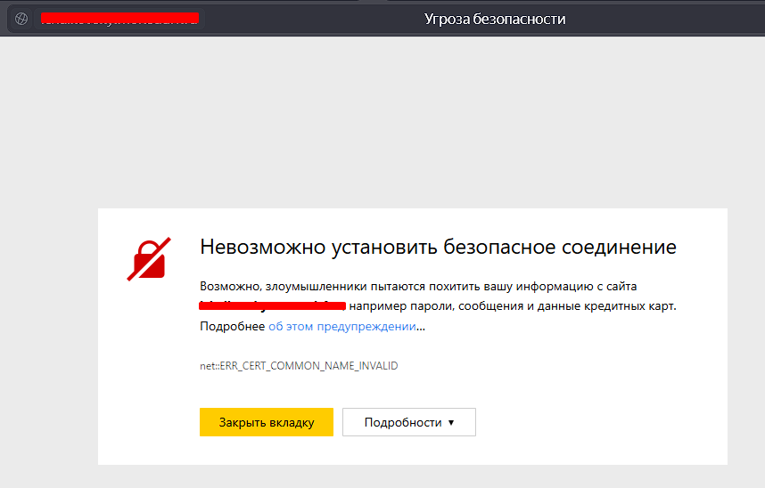 Пример предупреждения входа на небезопасный сайт